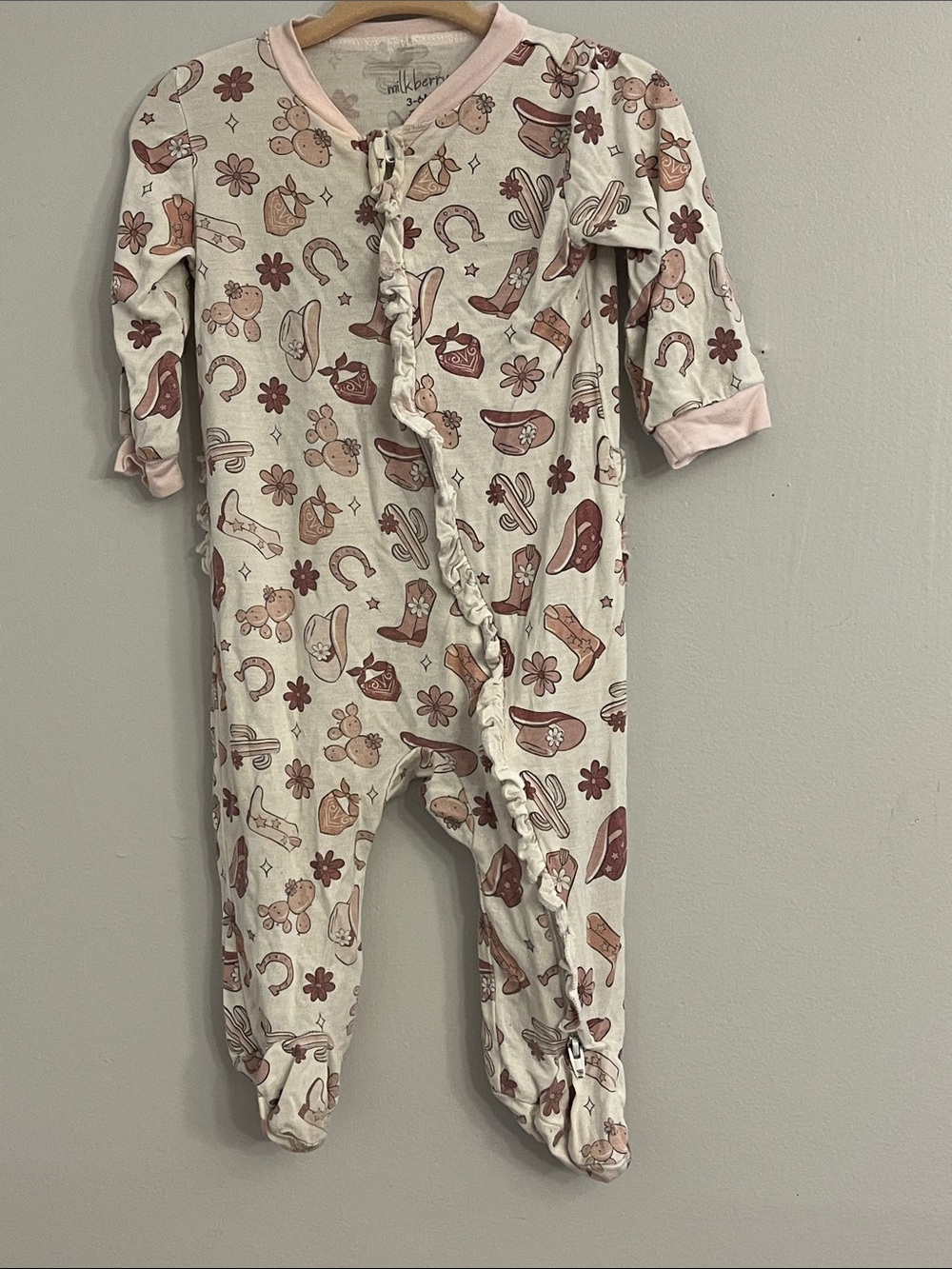 MilkBerry 3-6 Mnths ruffle bum Pink Cowgirl Print Footed One-Piece
